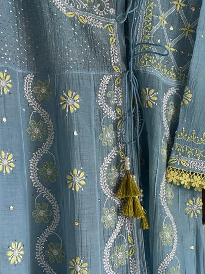 Blue Shade Malmal Mukaish Kamdani Chikankari Kalidar Angarkha