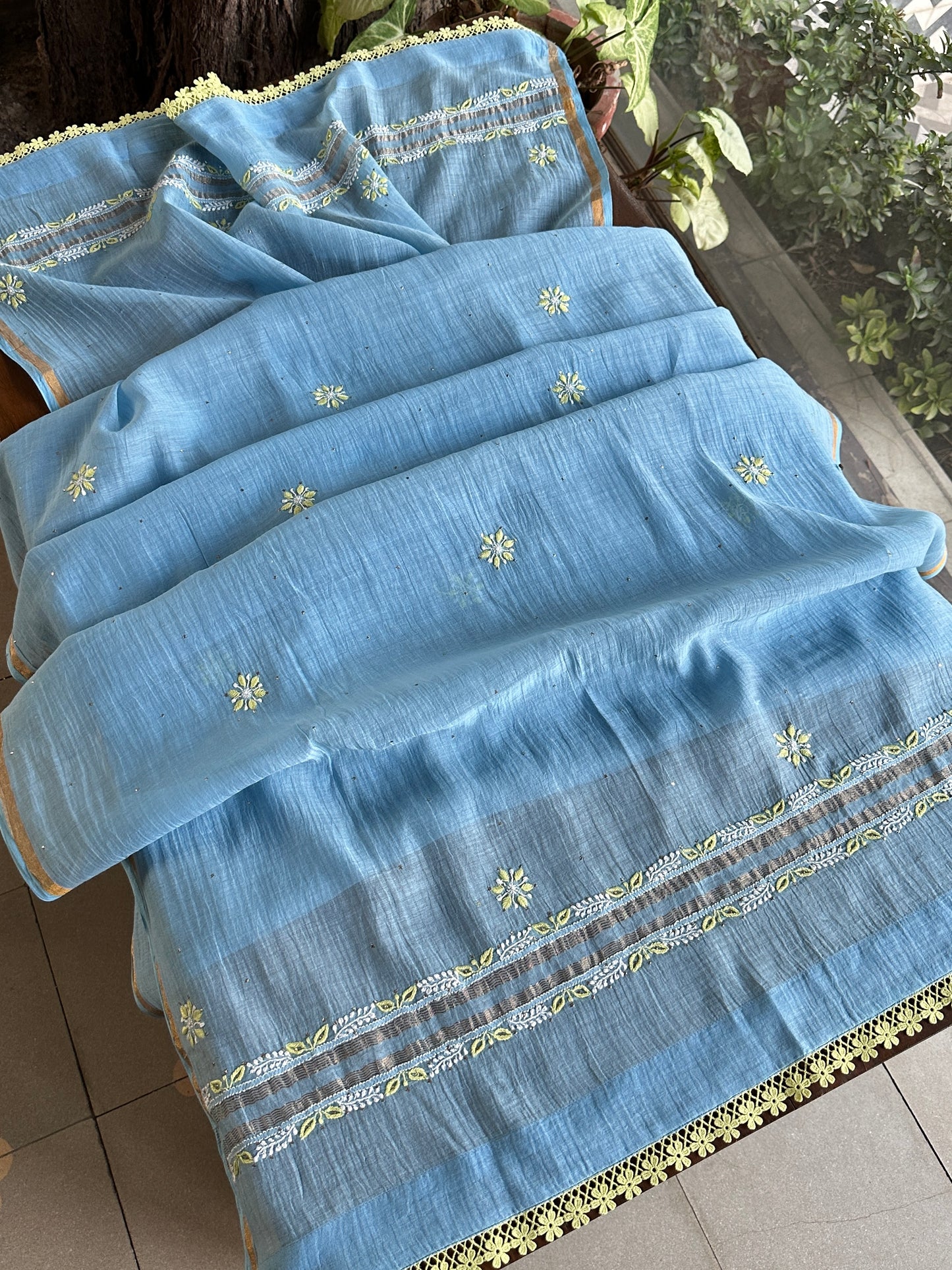 Blue Shade Malmal Mukaish Kamdani Chikankari Kalidar Angarkha