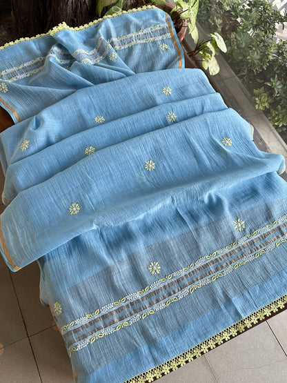 Blue Shade Malmal Mukaish Kamdani Chikankari Kalidar Angarkha