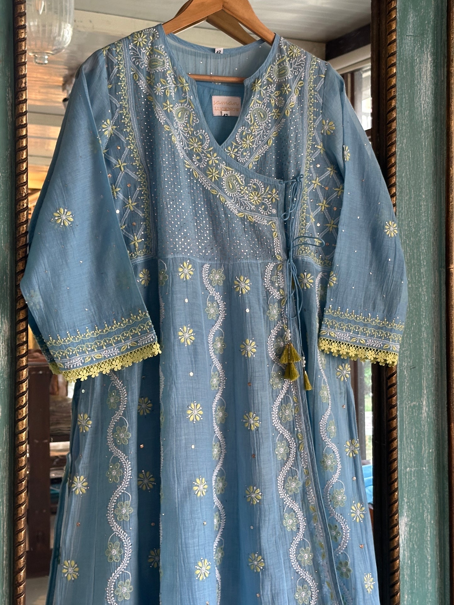 Blue Shade Malmal Mukaish Kamdani Chikankari Kalidar Angarkha
