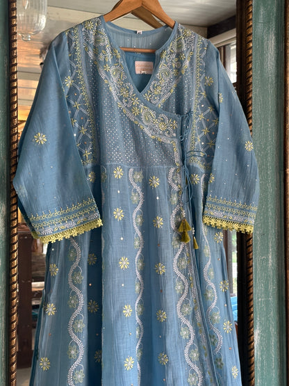 Blue Shade Malmal Mukaish Kamdani Chikankari Kalidar Angarkha