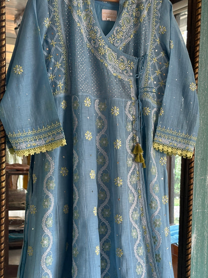 Blue Shade Malmal Mukaish Kamdani Chikankari Kalidar Angarkha