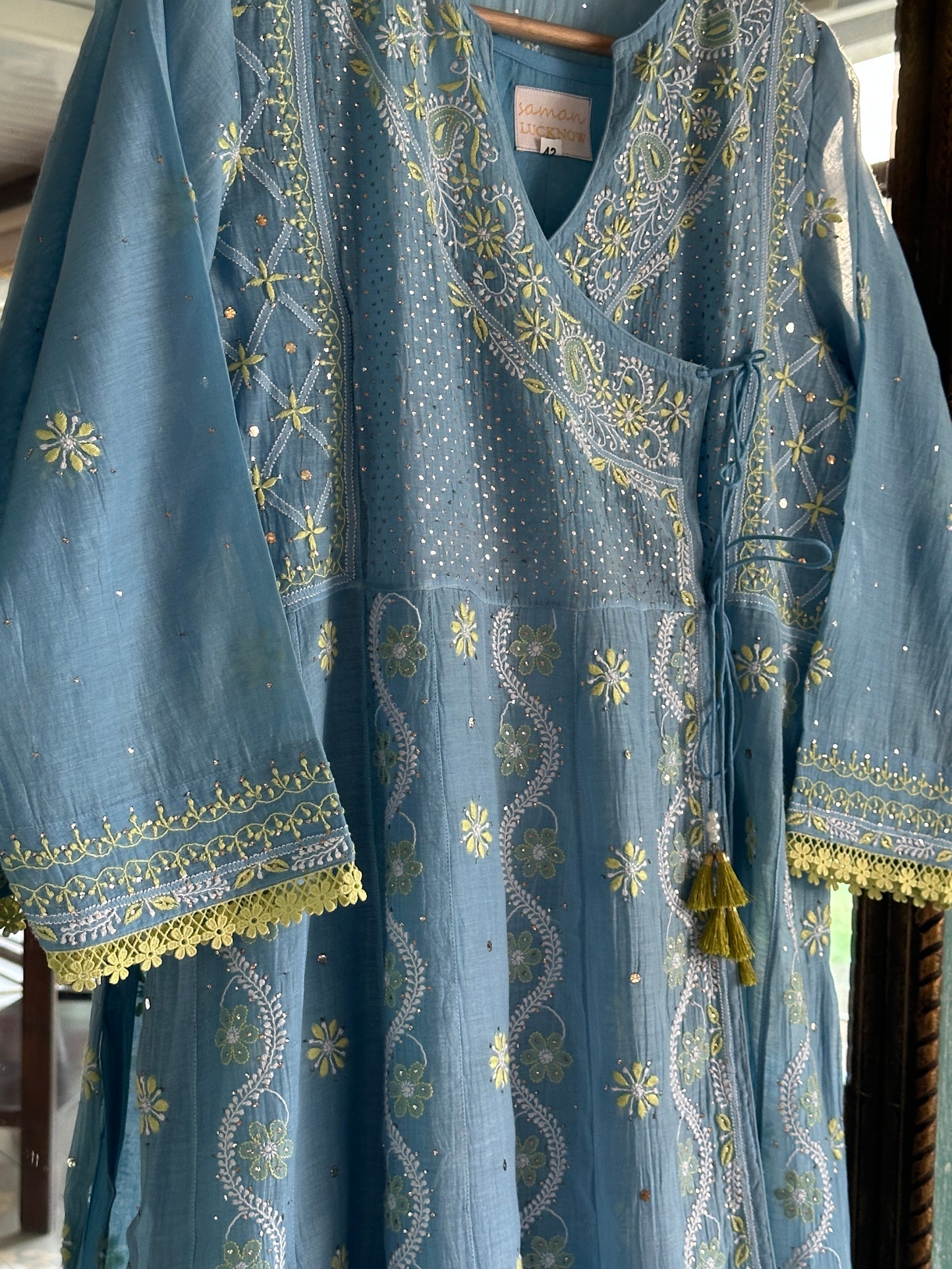 Blue Shade Malmal Mukaish Kamdani Chikankari Kalidar Angarkha
