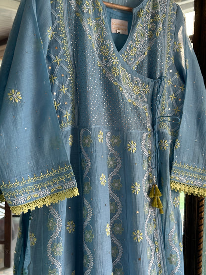 Blue Shade Malmal Mukaish Kamdani Chikankari Kalidar Angarkha