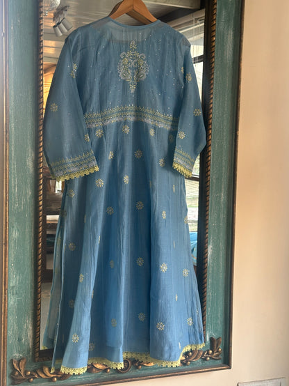 Blue Shade Malmal Mukaish Kamdani Chikankari Kalidar Angarkha