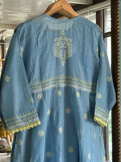 Blue Shade Malmal Mukaish Kamdani Chikankari Kalidar Angarkha