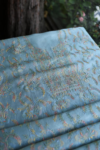 Blue Shade Multi-Coloured Noor Organza Resham Chikankari Kurta Set