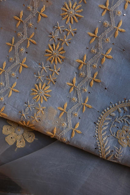 Blue Shade Organza Silk Chikankari Unstitched Fabric