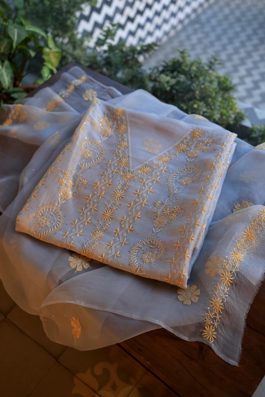 Blue Shade Organza Silk Chikankari Unstitched Fabric