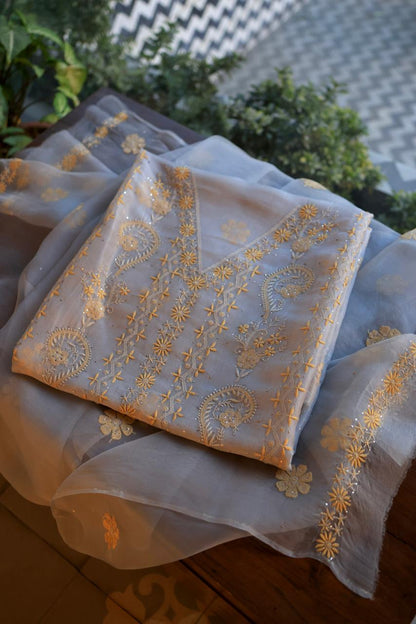 Blue Shade Organza Silk Chikankari Unstitched Fabric