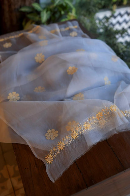 Blue Shade Organza Silk Chikankari Unstitched Fabric
