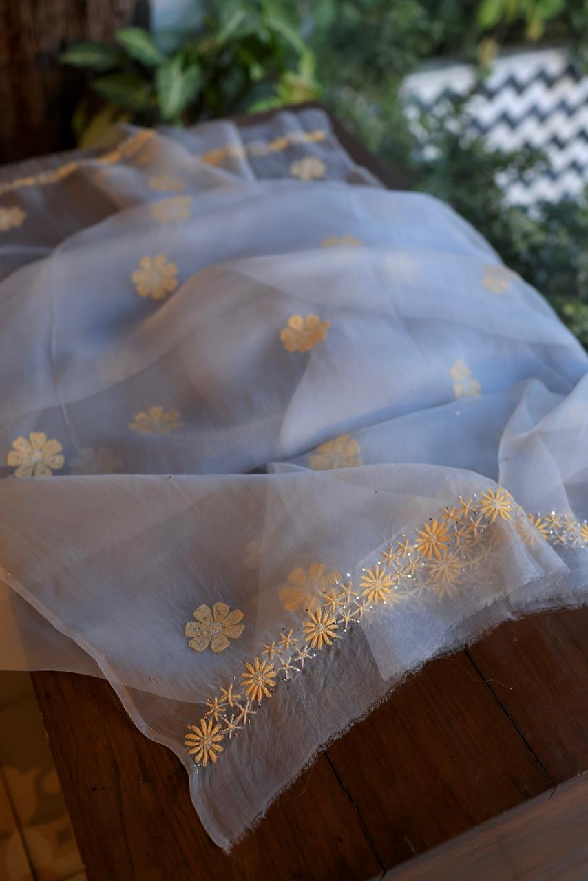 Blue Shade Organza Silk Chikankari Unstitched Fabric
