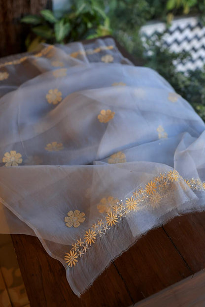 Blue Shade Organza Silk Chikankari Unstitched Fabric