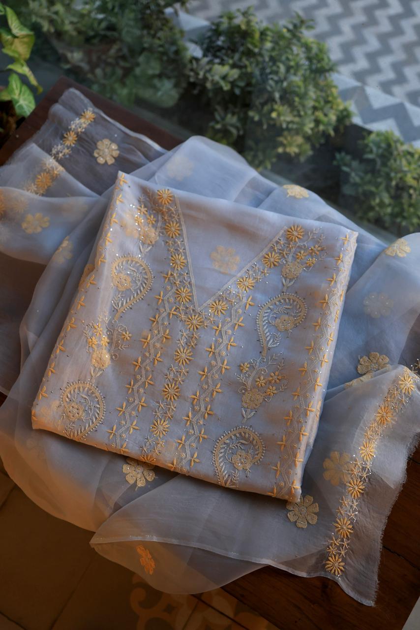 Blue Shade Organza Silk Chikankari Unstitched Fabric