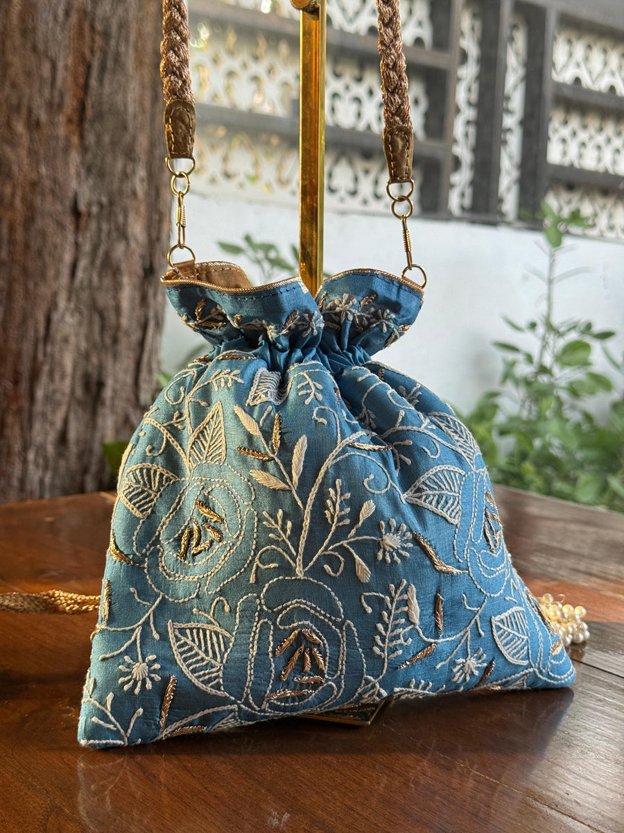 Blue Shade Raw Silk Chikankari Polti Bag