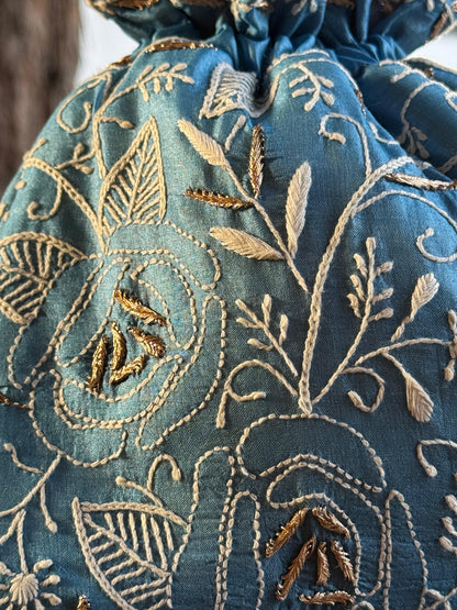 Blue Shade Raw Silk Chikankari Polti Bag