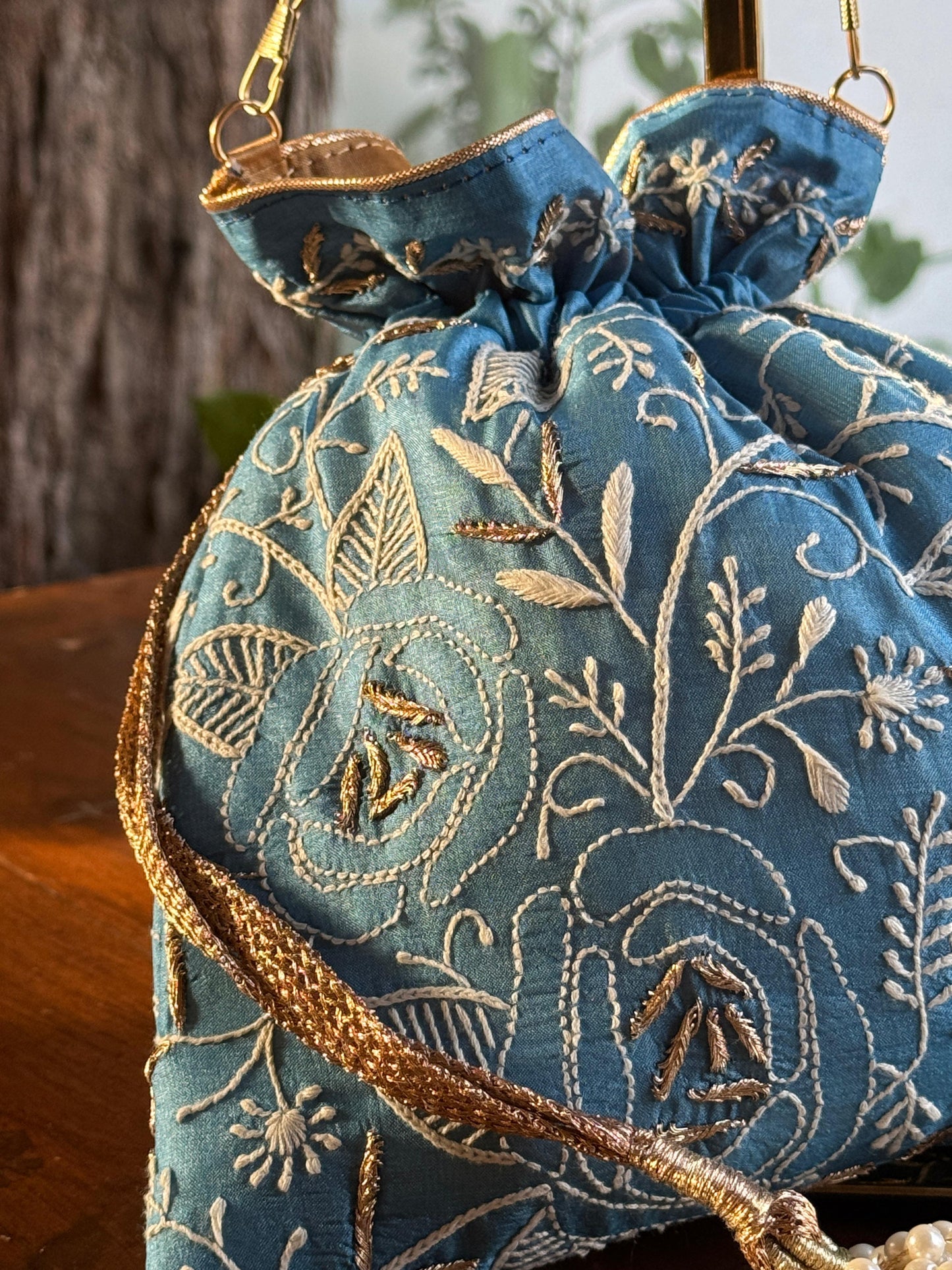 Blue Shade Raw Silk Chikankari Polti Bag