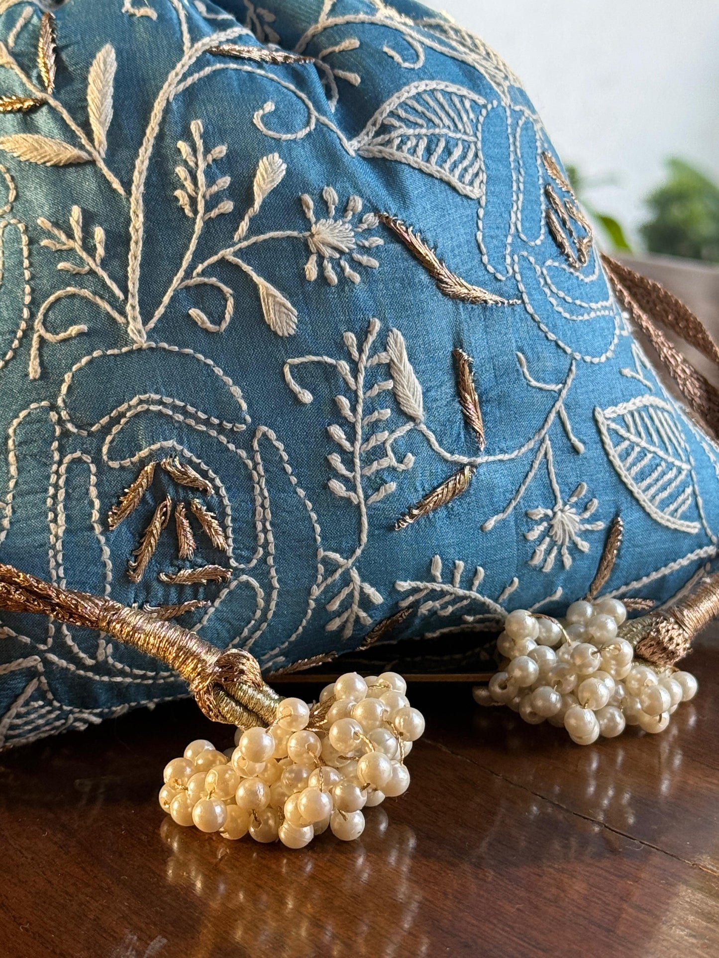 Blue Shade Raw Silk Chikankari Polti Bag