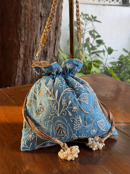 Blue Shade Raw Silk Chikankari Polti Bag