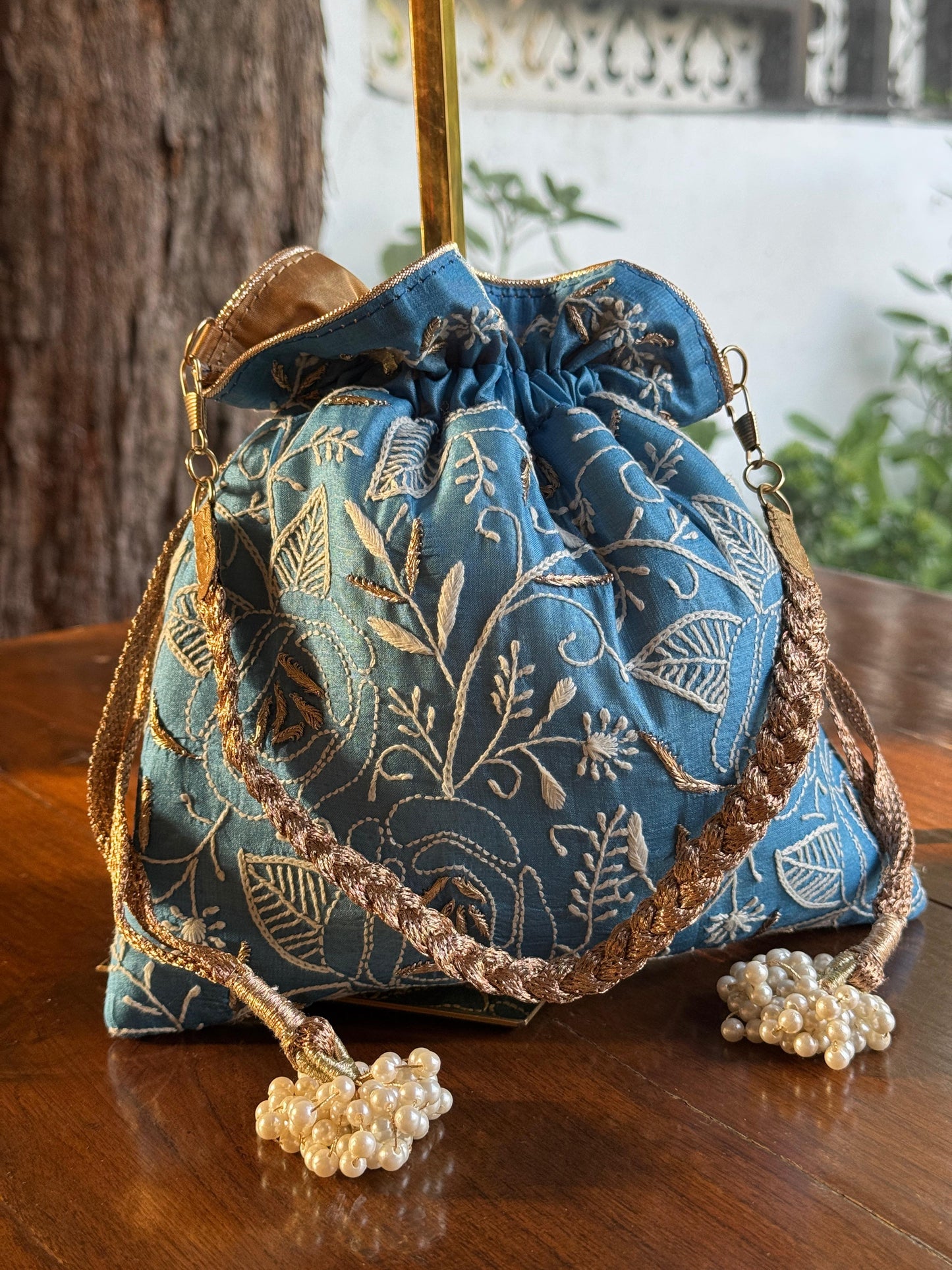 Blue Shade Raw Silk Chikankari Polti Bag