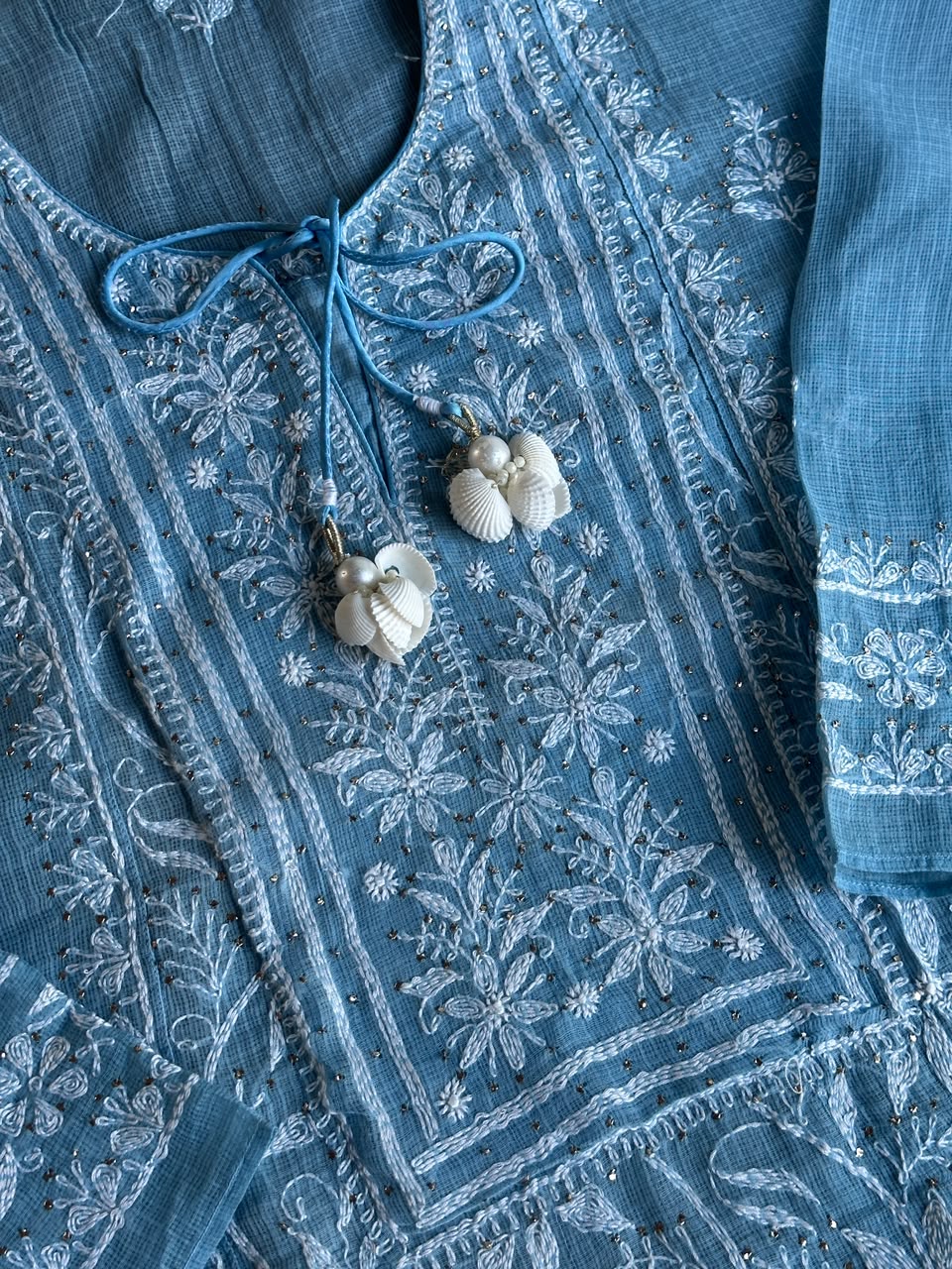 Blue Shade Semi Stitched Kota Tepchi Chikankari Kurta Dupatta Set