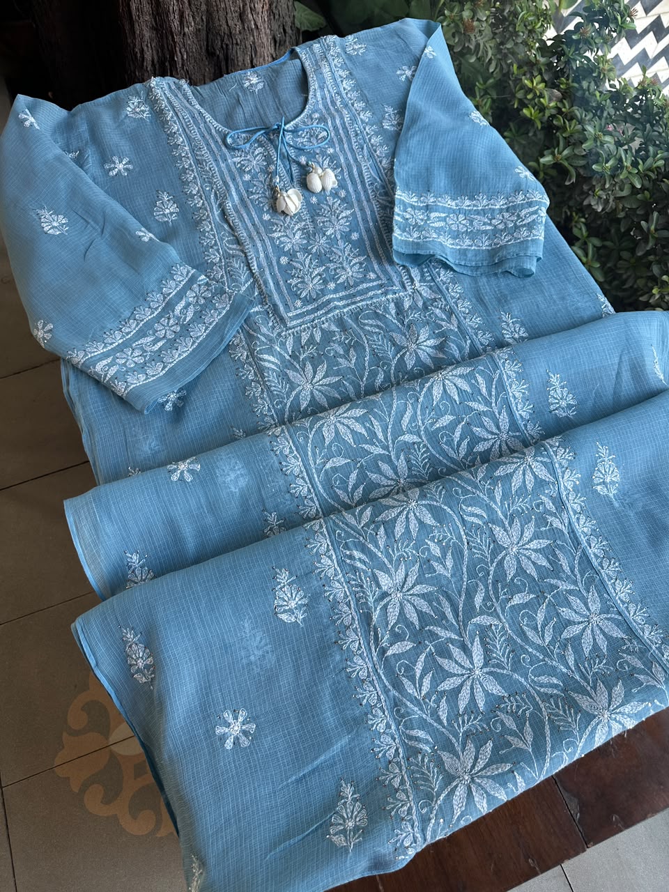 Blue Shade Semi Stitched Kota Tepchi Chikankari Kurta Dupatta Set