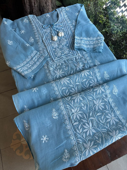 Blue Shade Semi Stitched Kota Tepchi Chikankari Kurta Dupatta Set