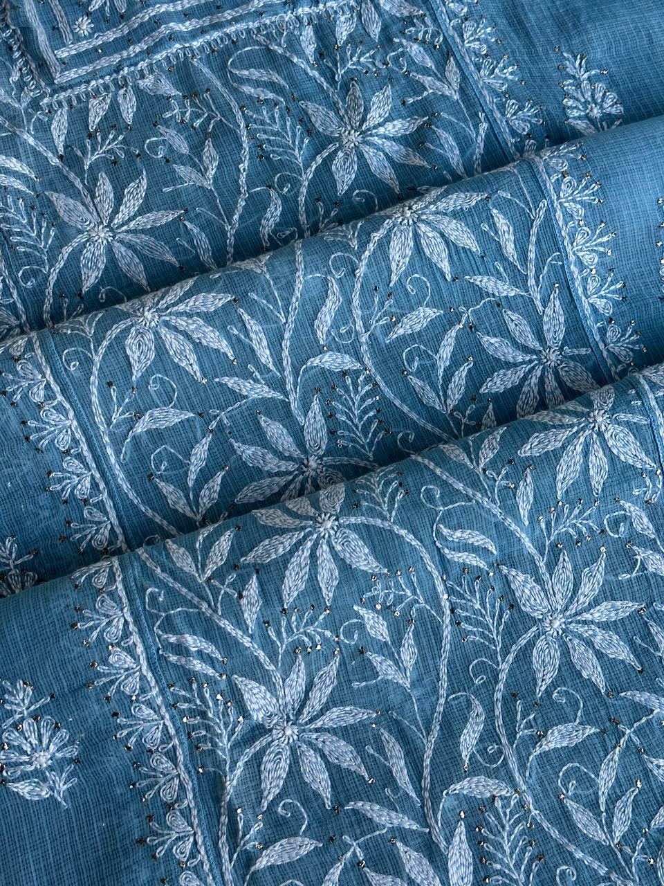 Blue Shade Semi Stitched Kota Tepchi Chikankari Kurta Dupatta Set