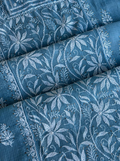 Blue Shade Semi Stitched Kota Tepchi Chikankari Kurta Dupatta Set