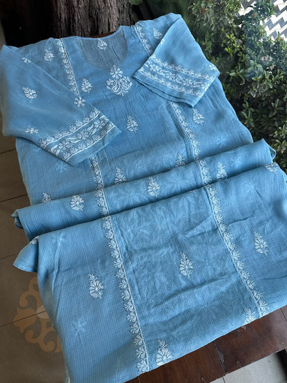 Blue Shade Semi Stitched Kota Tepchi Chikankari Kurta Dupatta Set