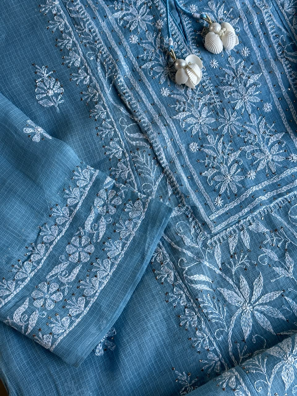 Blue Shade Semi Stitched Kota Tepchi Chikankari Kurta Dupatta Set
