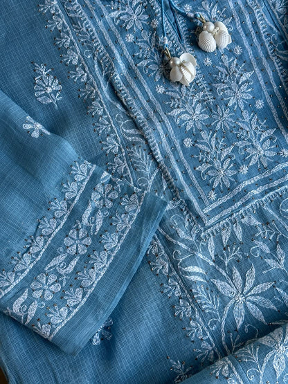 Blue Shade Semi Stitched Kota Tepchi Chikankari Kurta Dupatta Set