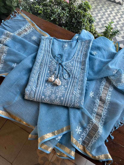 Blue Shade Semi Stitched Kota Tepchi Chikankari Kurta Dupatta Set