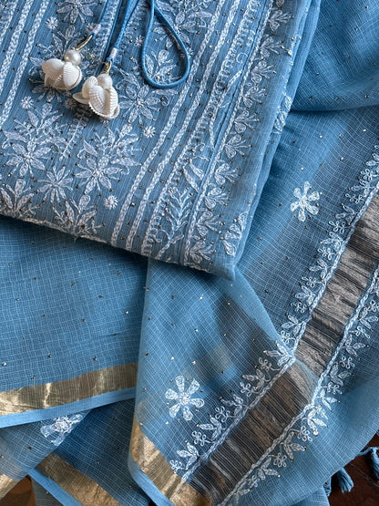 Blue Shade Semi Stitched Kota Tepchi Chikankari Kurta Dupatta Set
