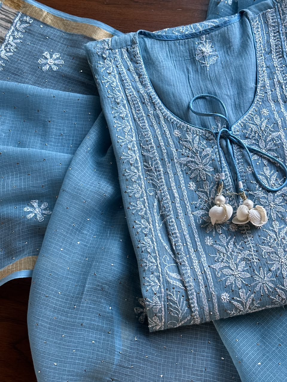 Blue Shade Semi Stitched Kota Tepchi Chikankari Kurta Dupatta Set