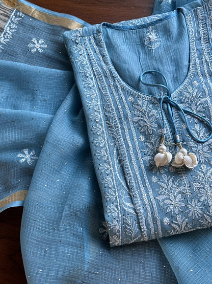 Blue Shade Semi Stitched Kota Tepchi Chikankari Kurta Dupatta Set