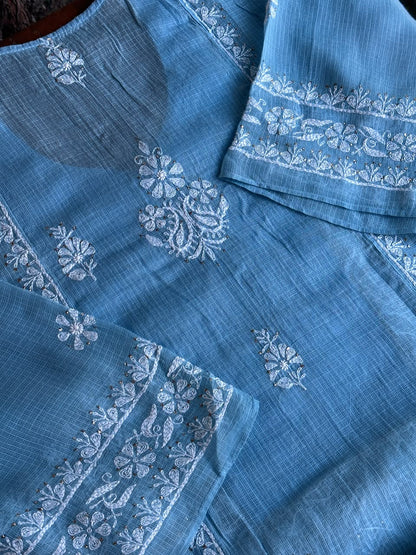 Blue Shade Semi Stitched Kota Tepchi Chikankari Kurta Dupatta Set