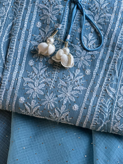 Blue Shade Semi Stitched Kota Tepchi Chikankari Kurta Dupatta Set
