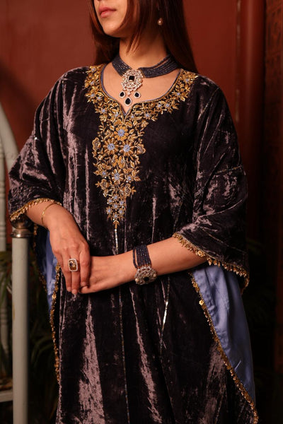 Lavender Shade Silk Velvet Zardozi Kaftans