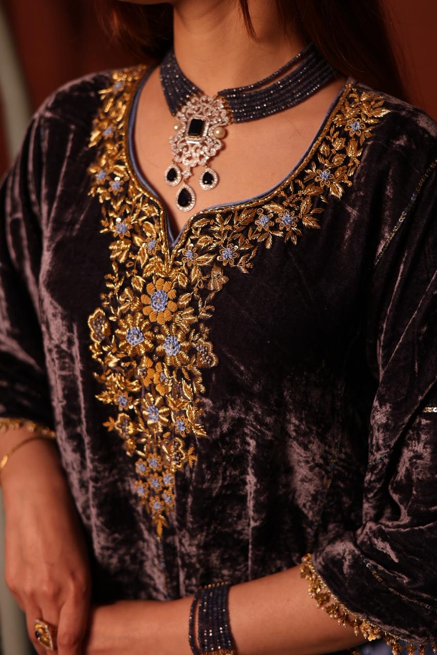 Blue Shade | Silk Velvet Zardozi Kaftans