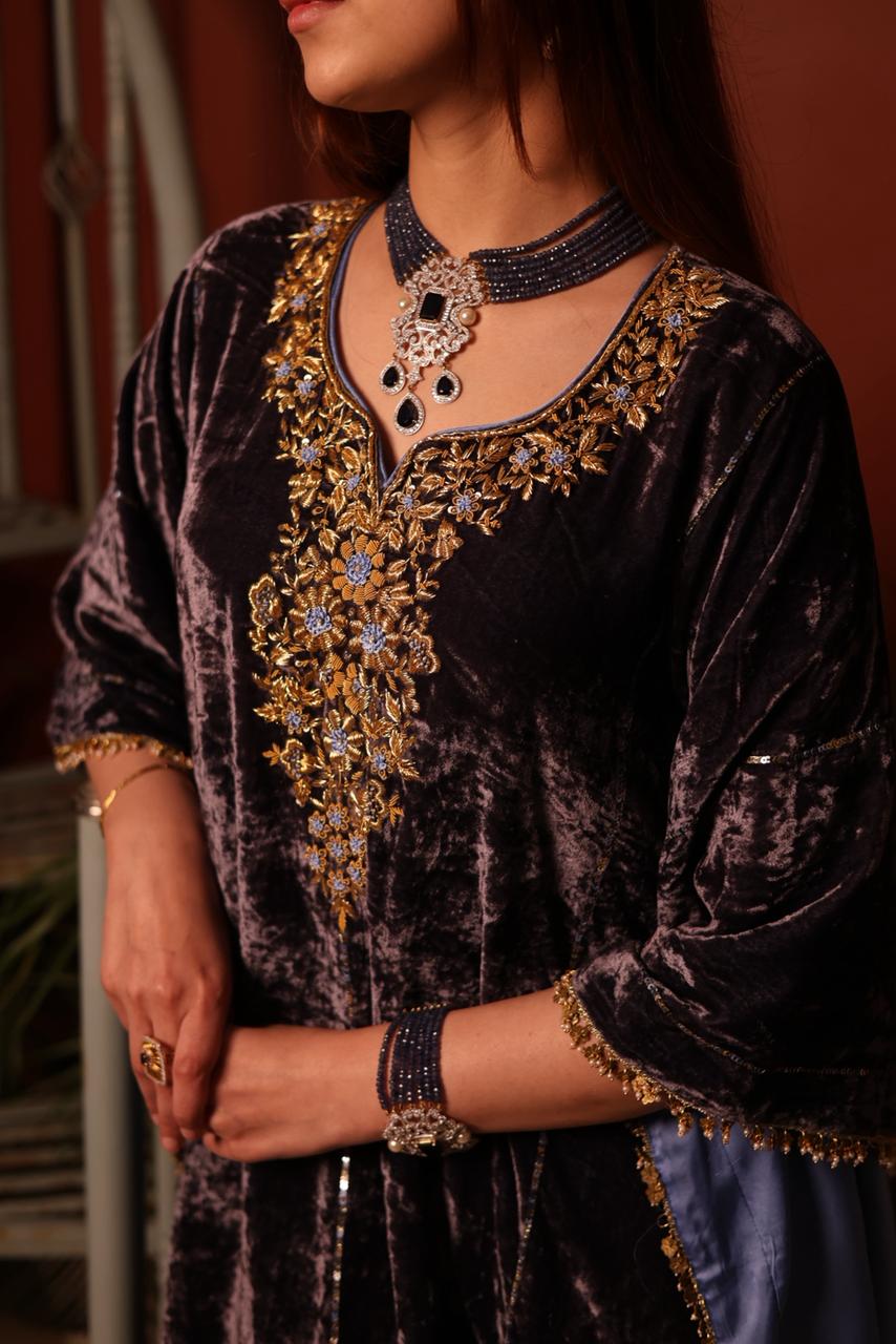 Blue Shade | Silk Velvet Zardozi Kaftans