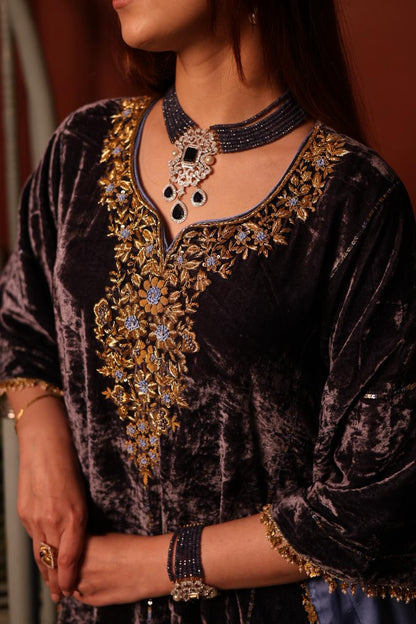 Blue Shade | Silk Velvet Zardozi Kaftans