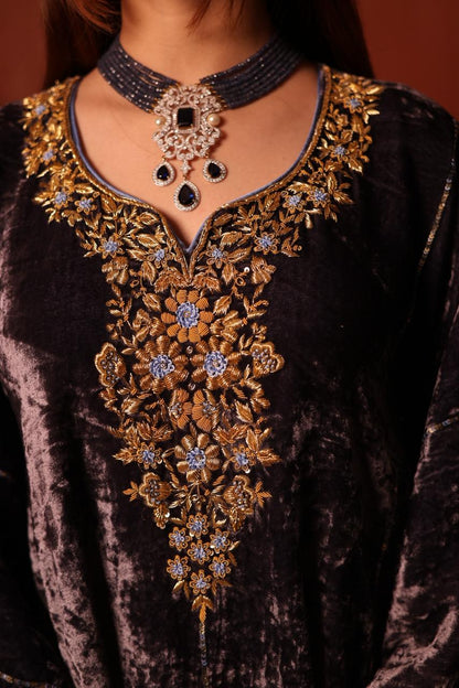 Blue Shade | Silk Velvet Zardozi Kaftans