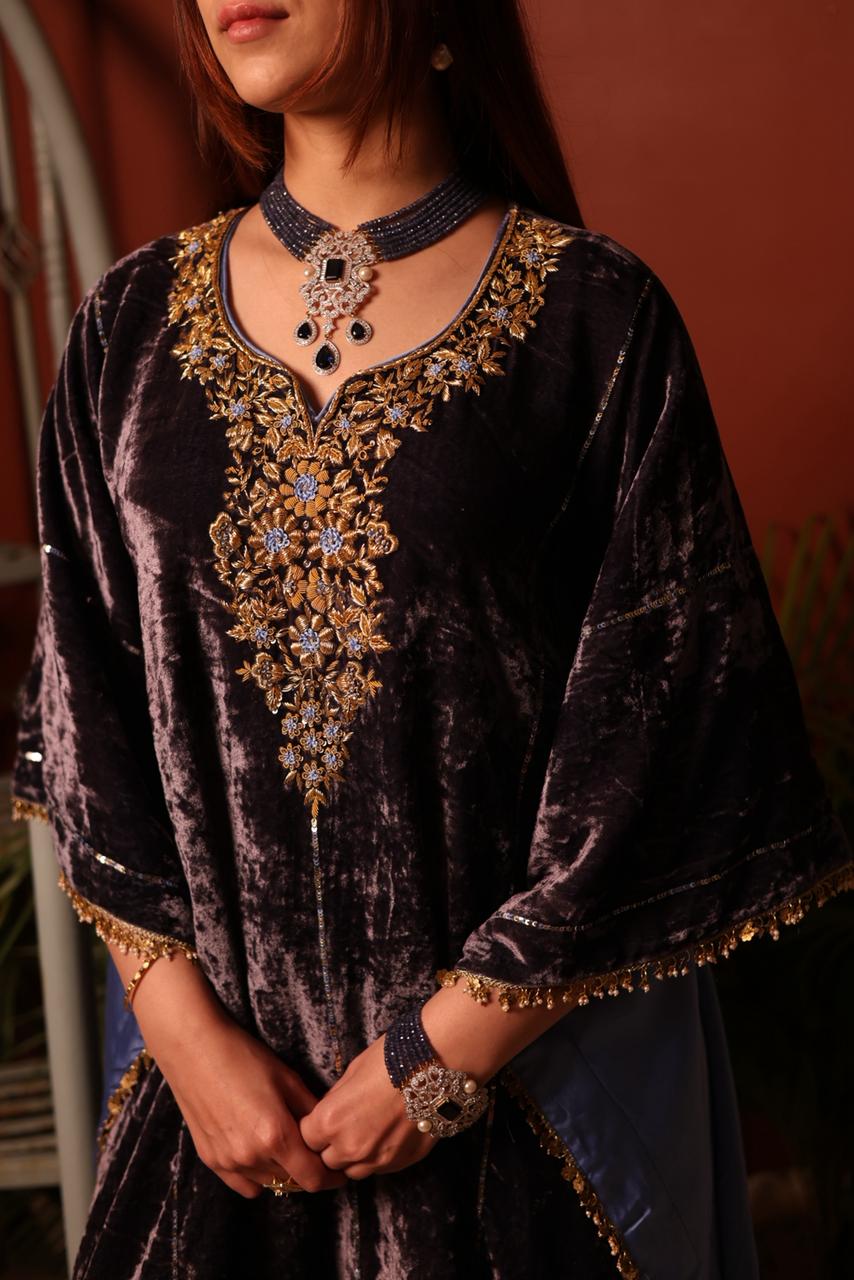 Blue Shade | Silk Velvet Zardozi Kaftans