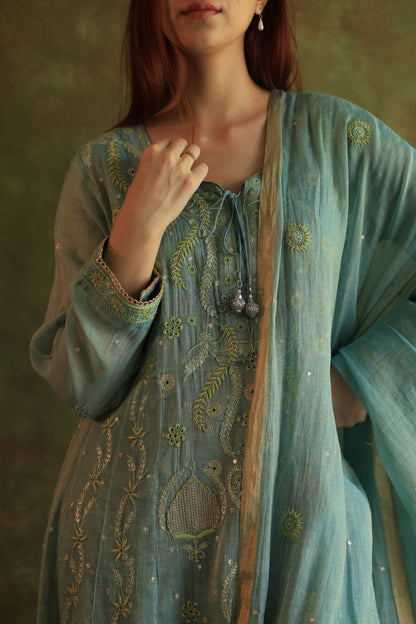 Blue Shade Tissue Silk Chikankari Anarkali With Ari Work