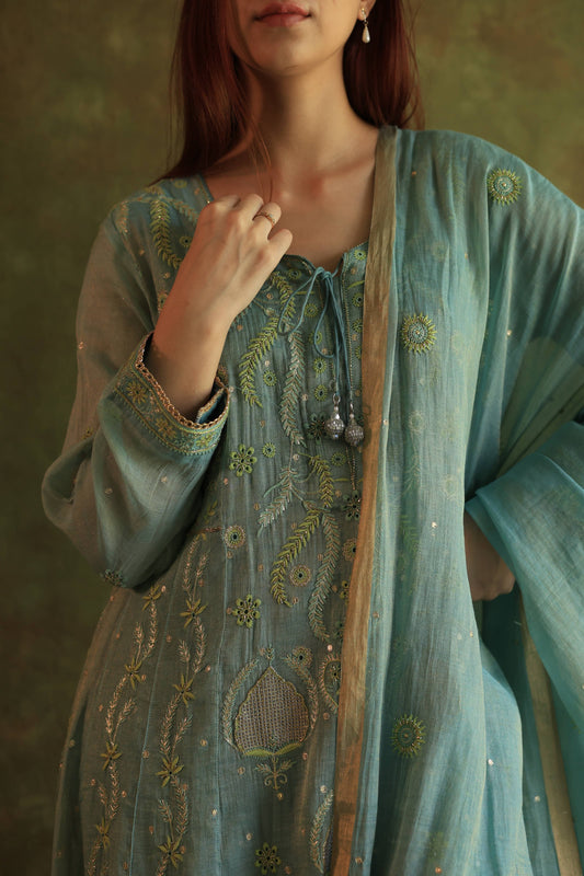 Blue Shade Tissue Silk Chikankari Anarkali With Ari Work