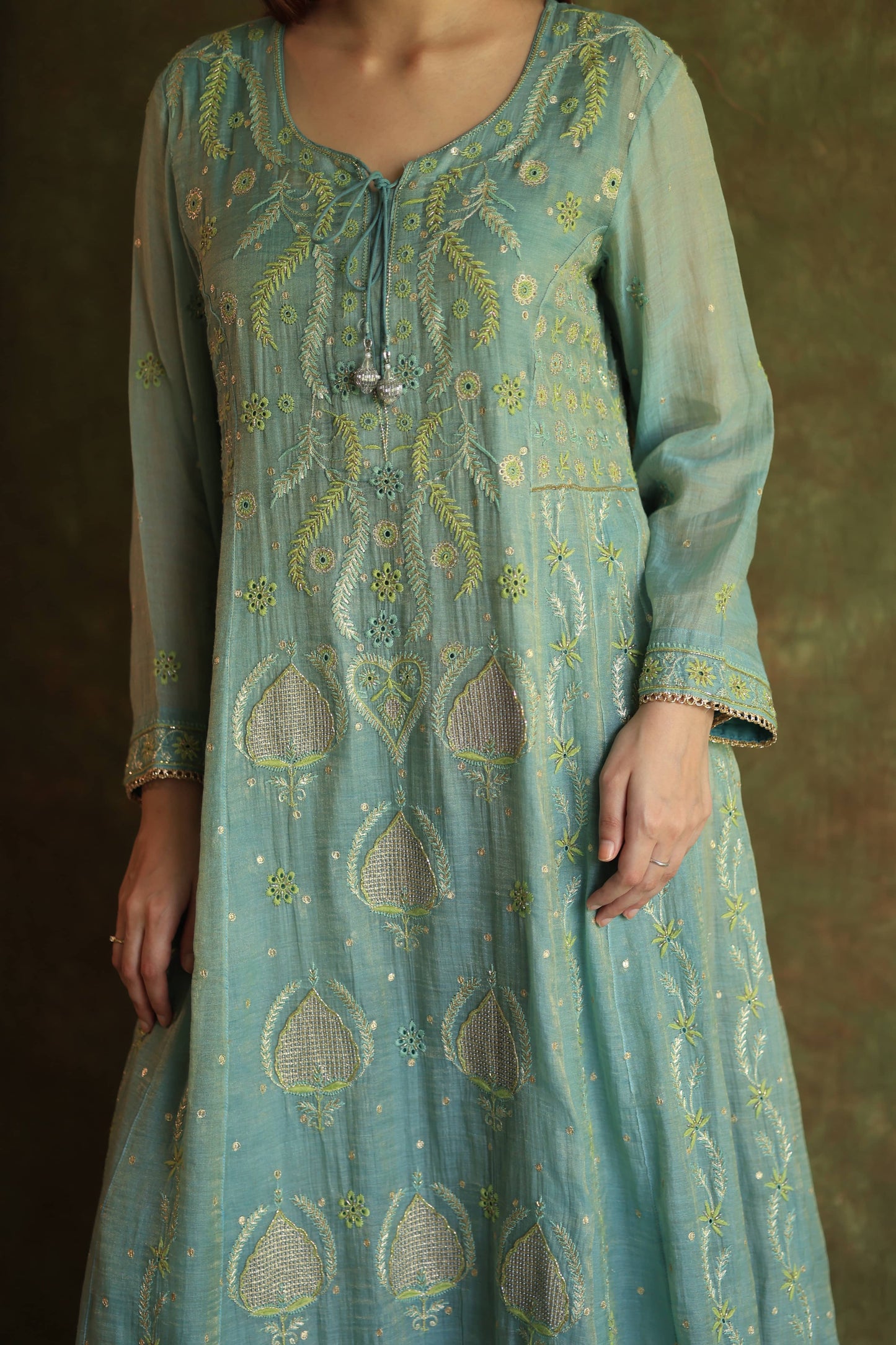 Blue Shade Tissue Silk Chikankari Anarkali With Ari Work