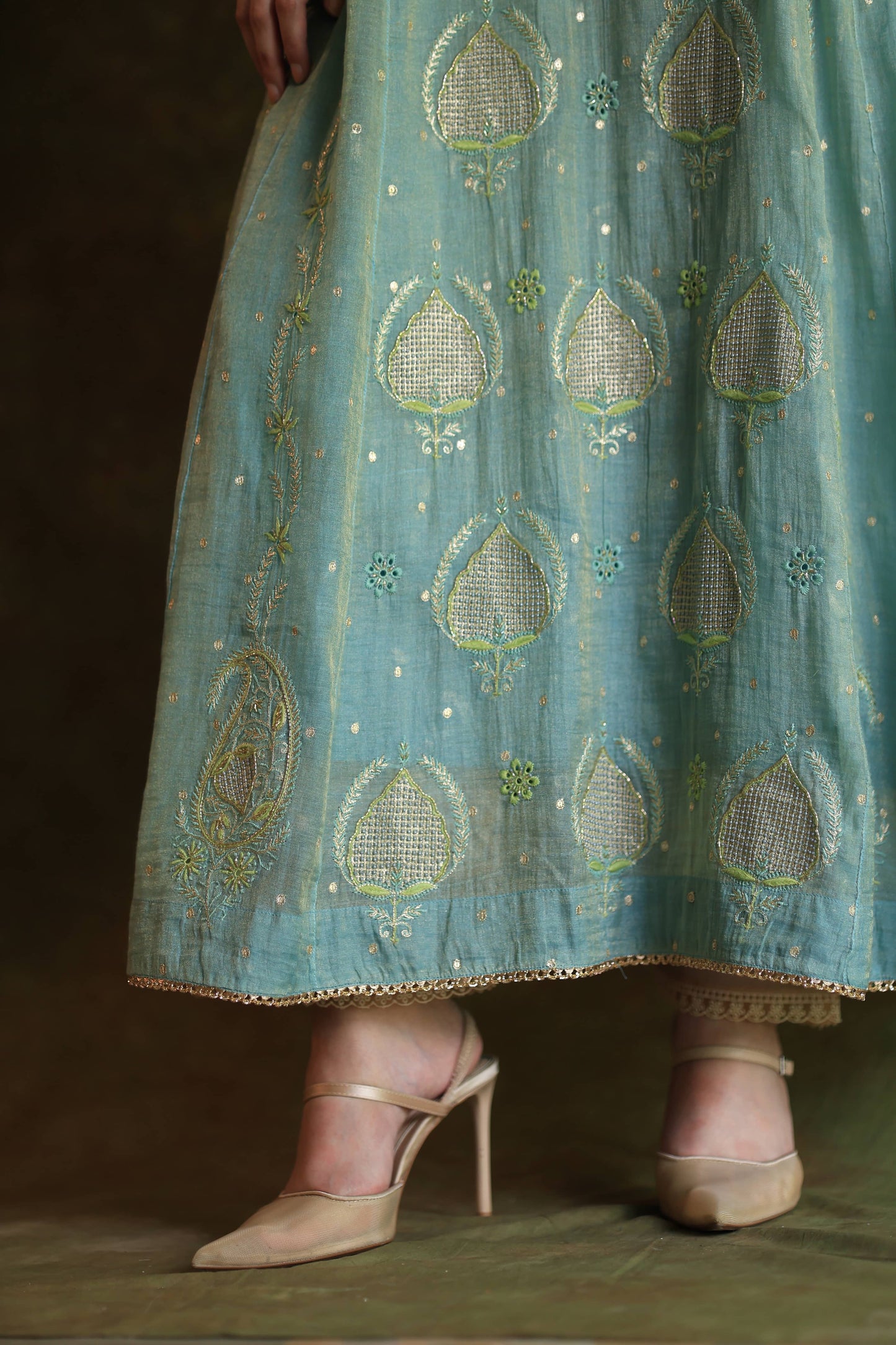 Blue Shade Tissue Silk Chikankari Anarkali With Ari Work