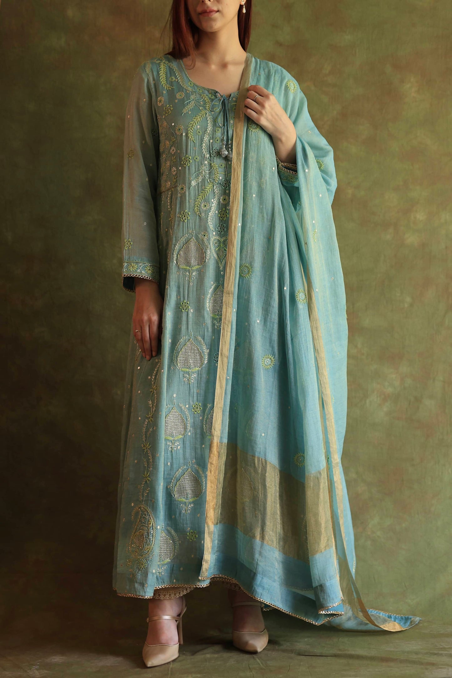 Blue Shade Tissue Silk Chikankari Anarkali With Ari Work