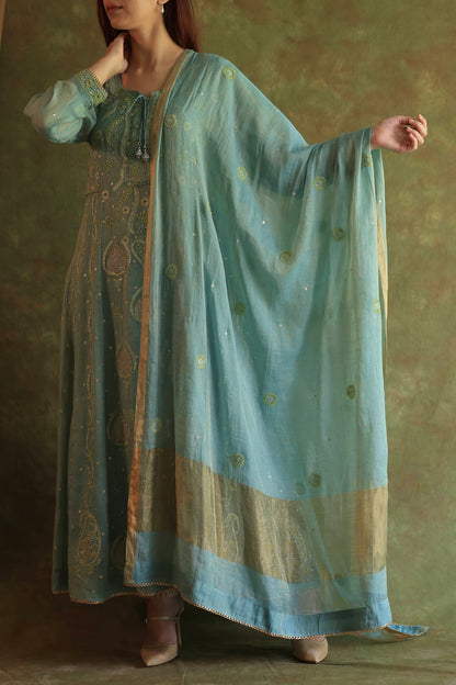 Blue Shade Tissue Silk Chikankari Anarkali With Ari Work